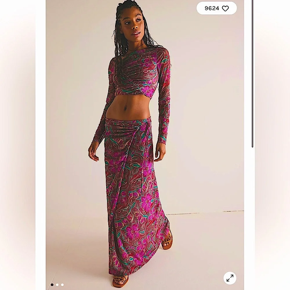 Free People Pink & Teal Paisley Long Skirt Set - Picture 1 of 10